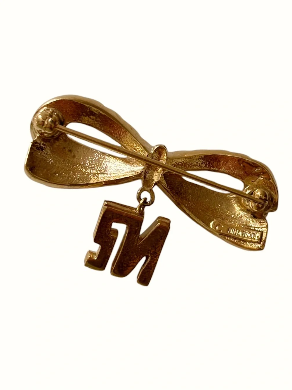 Nina Ricci Vintage Signed Gold Logo Bow Brooch